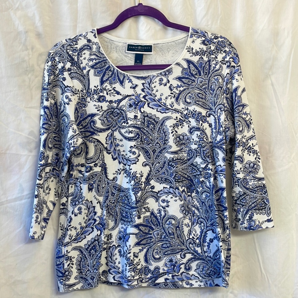 Karen Scott blue and white paisley blouse, size women’s petite large.